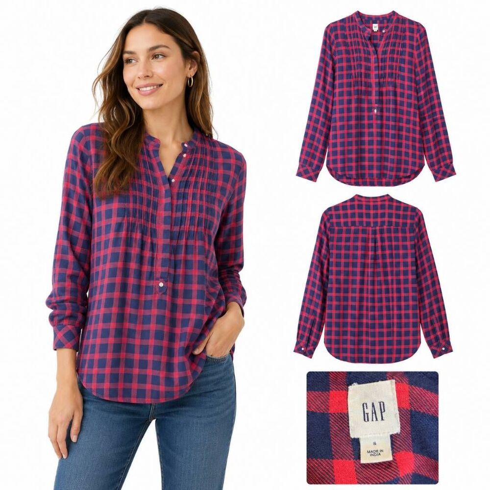 GAP Women’s Small Navy Red Plaid Pleated Blouse